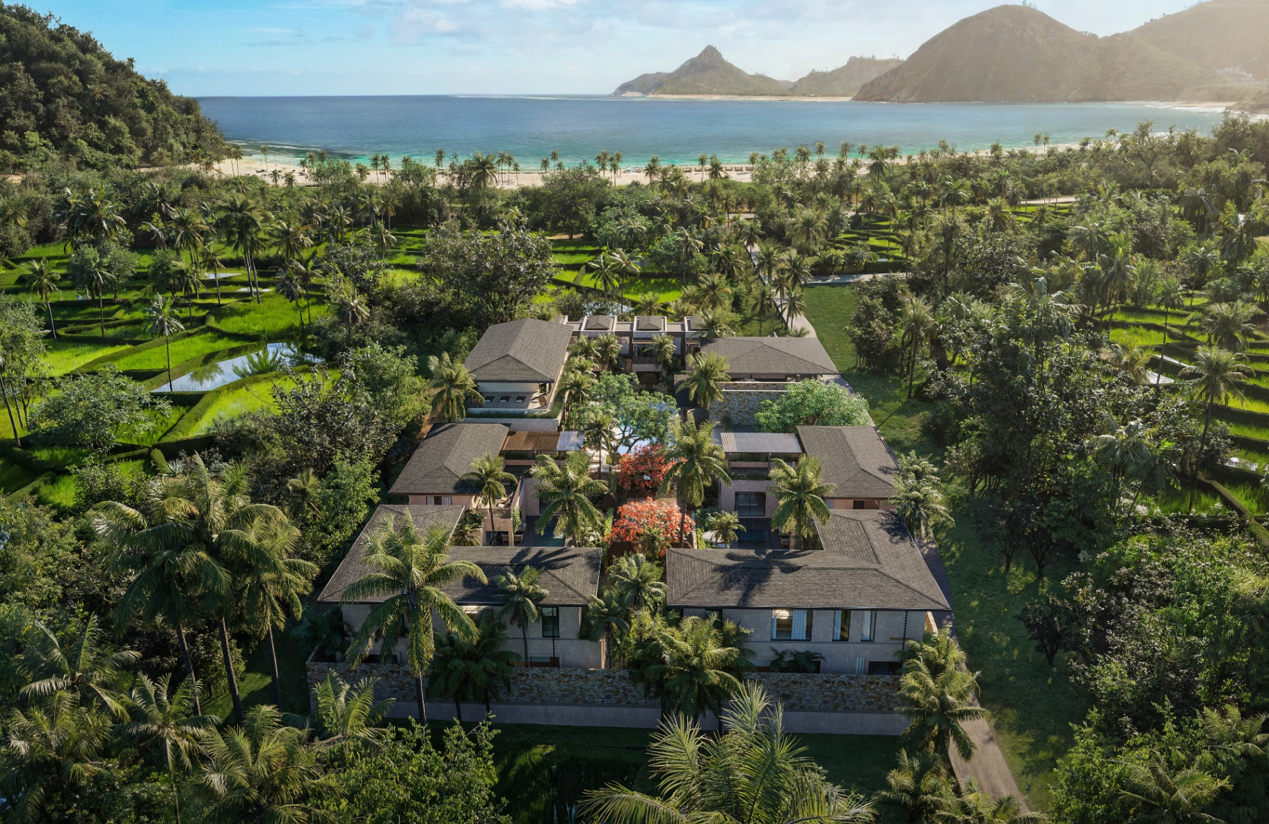 Kahaya resort with Selong Belanak bay in the distance — day