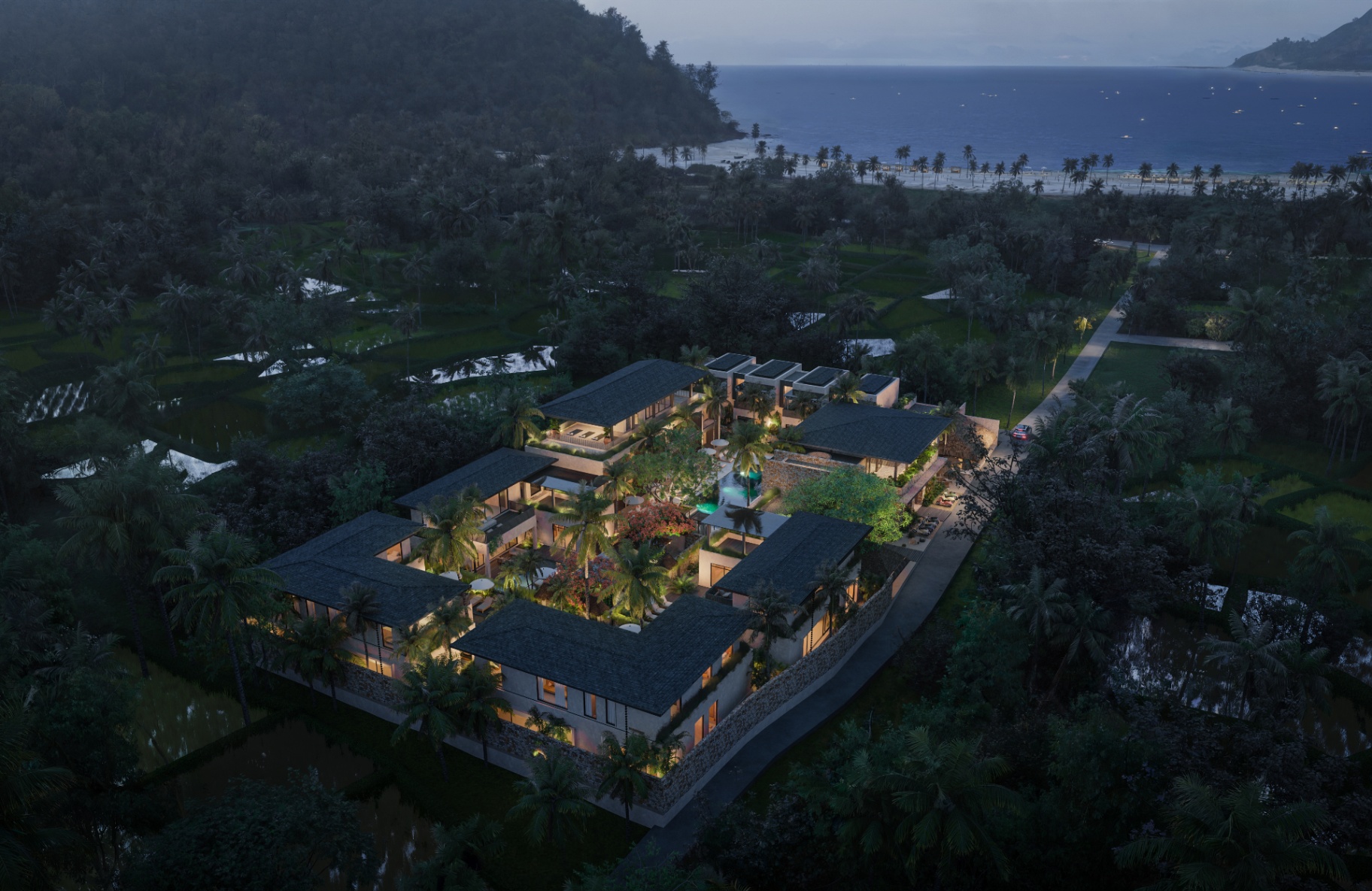 Aerial view of Kahaya resort within the rice fields — night