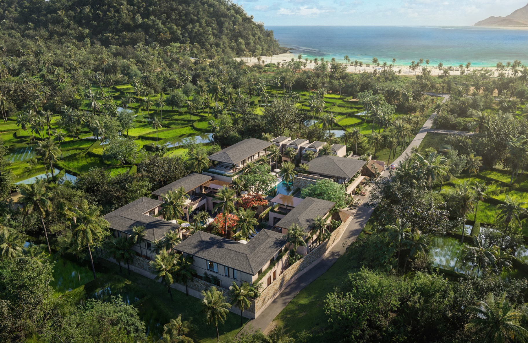 Aerial view of Kahaya resort within the rice fields — day